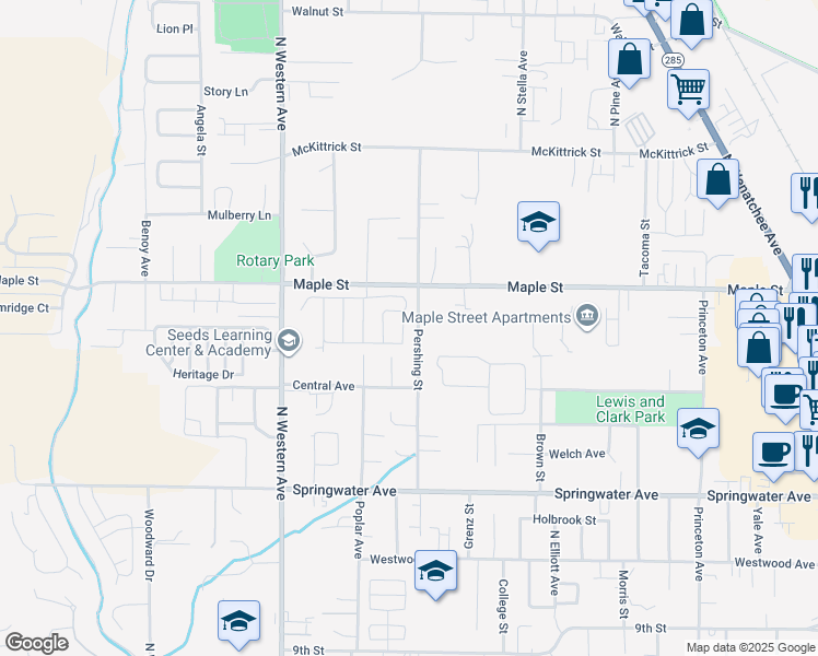 map of restaurants, bars, coffee shops, grocery stores, and more near 1319 Pershing Street in Wenatchee