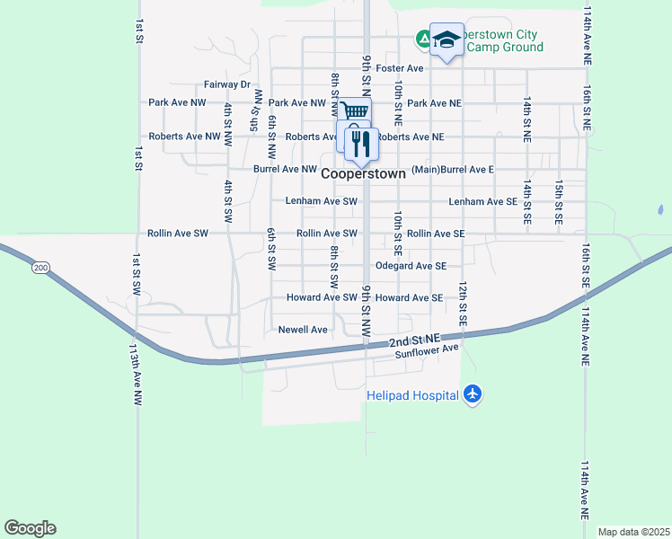 map of restaurants, bars, coffee shops, grocery stores, and more near 306 8th Street Southwest in Cooperstown