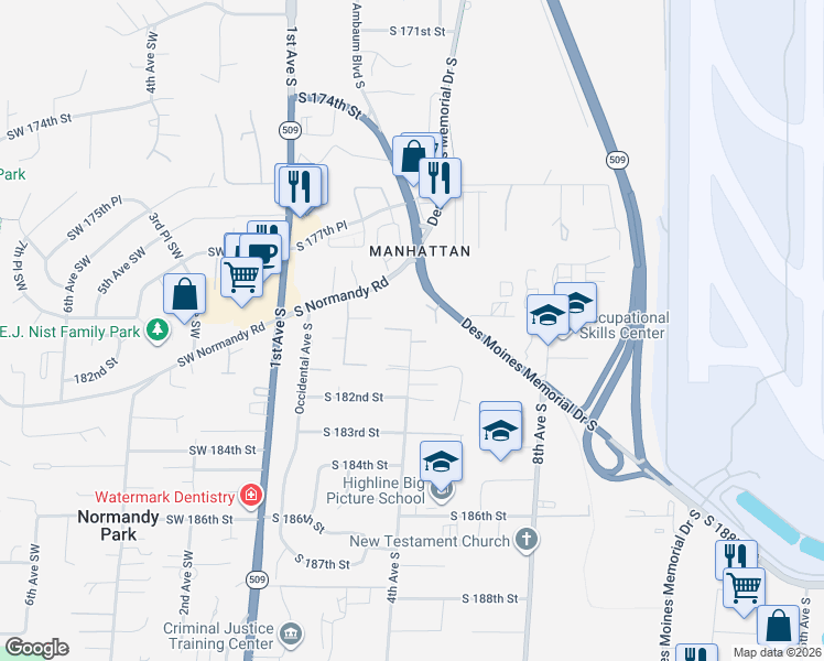 map of restaurants, bars, coffee shops, grocery stores, and more near 18020 4th Avenue South in Burien