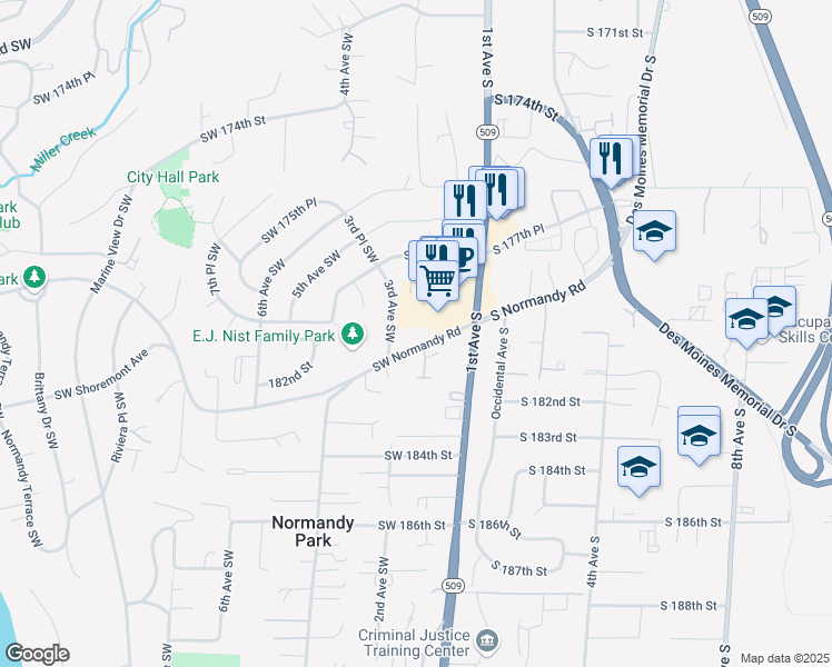 map of restaurants, bars, coffee shops, grocery stores, and more near 160 Southwest Normandy Road in Normandy Park