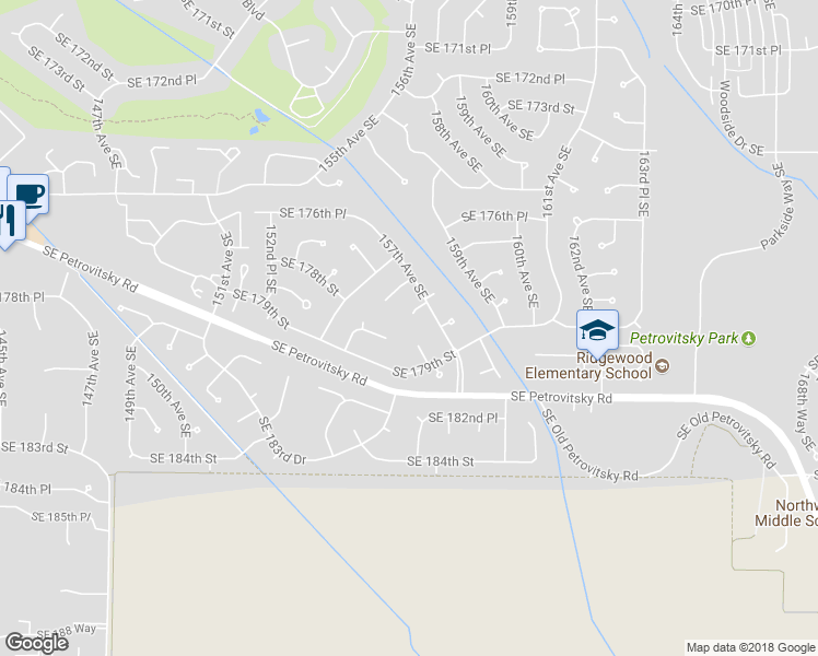 map of restaurants, bars, coffee shops, grocery stores, and more near 15633 Southeast 178th Place in Renton