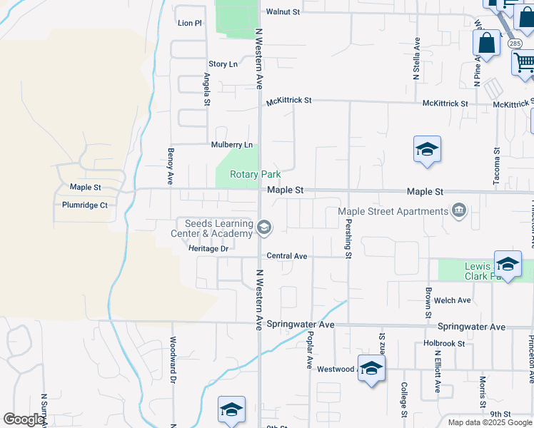 map of restaurants, bars, coffee shops, grocery stores, and more near 1310 North Western Avenue in Wenatchee