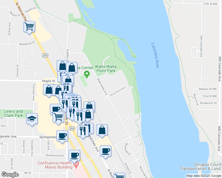map of restaurants, bars, coffee shops, grocery stores, and more near 206 River Park Avenue East in Wenatchee