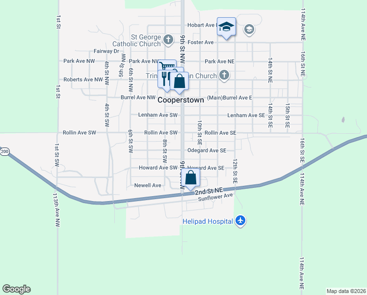 map of restaurants, bars, coffee shops, grocery stores, and more near 350-398 9th Street Southeast in Cooperstown