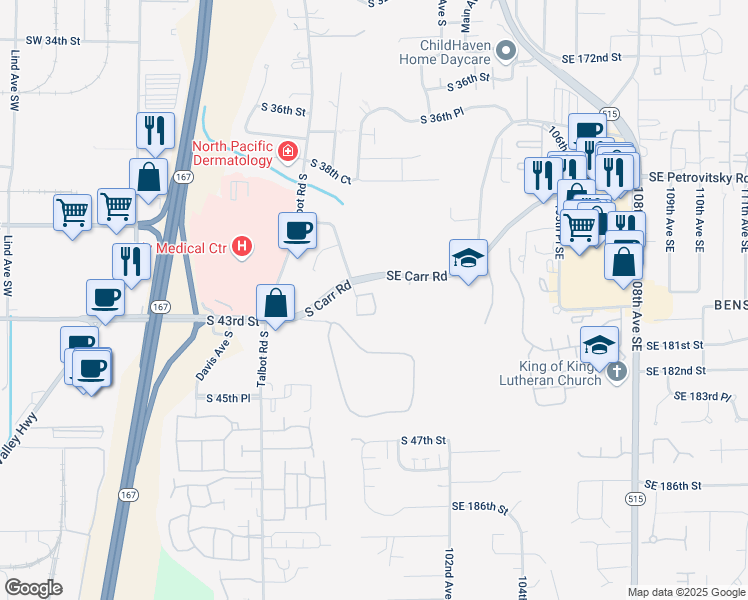 map of restaurants, bars, coffee shops, grocery stores, and more near 4200 Smithers Avenue South in Renton
