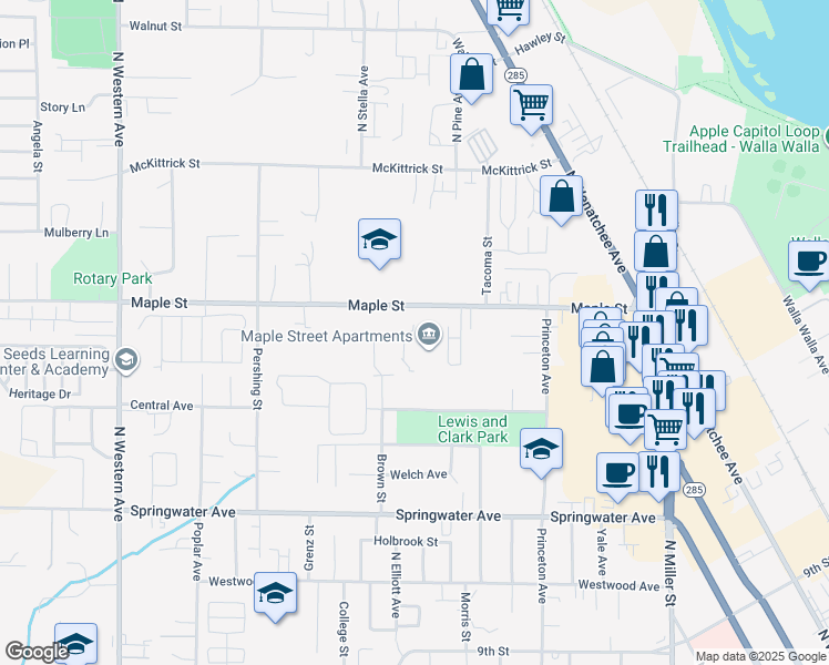map of restaurants, bars, coffee shops, grocery stores, and more near 1325 Maple Street in Wenatchee