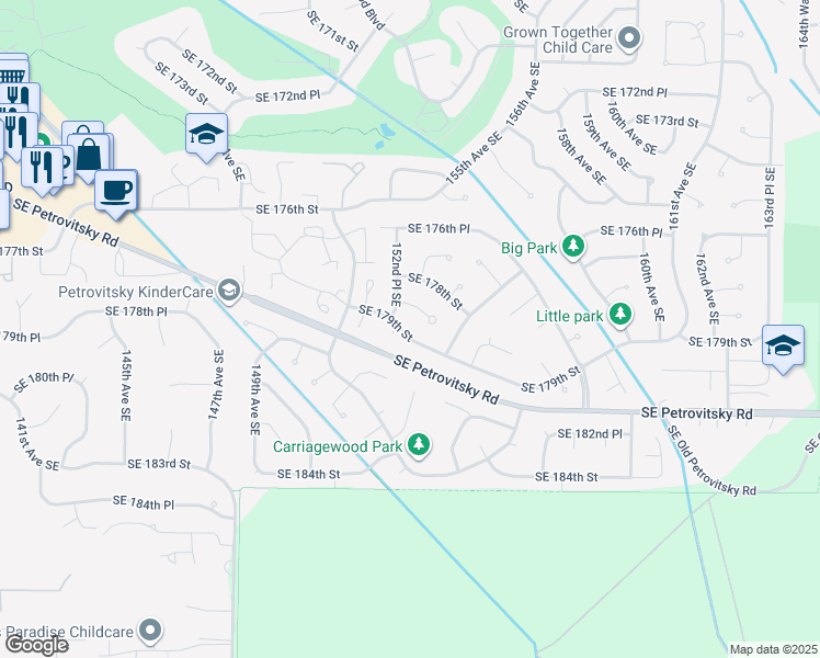 map of restaurants, bars, coffee shops, grocery stores, and more near 15220 Southeast 179th Street in Renton