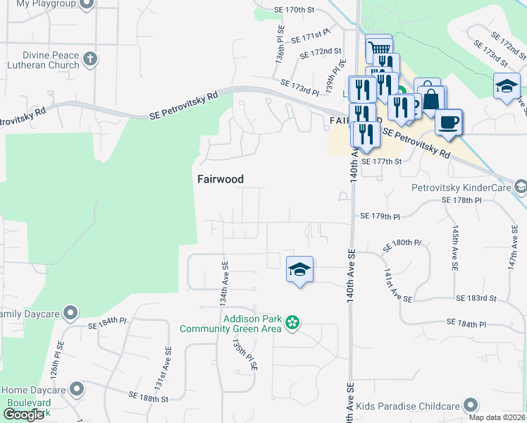 map of restaurants, bars, coffee shops, grocery stores, and more near 17968 135th Place Southeast in Renton