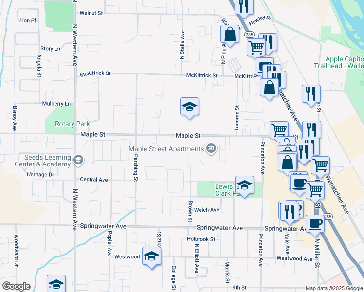 map of restaurants, bars, coffee shops, grocery stores, and more near in Wenatchee