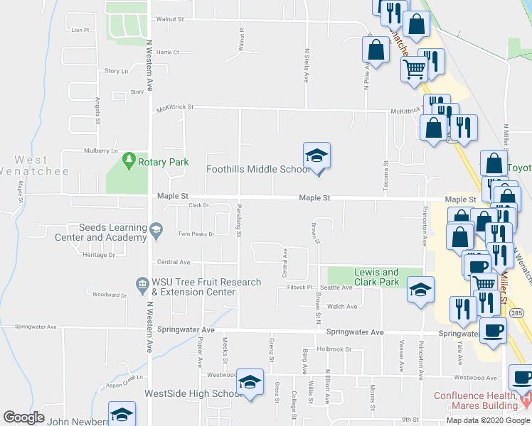 map of restaurants, bars, coffee shops, grocery stores, and more near 1517 Maple Street in Wenatchee