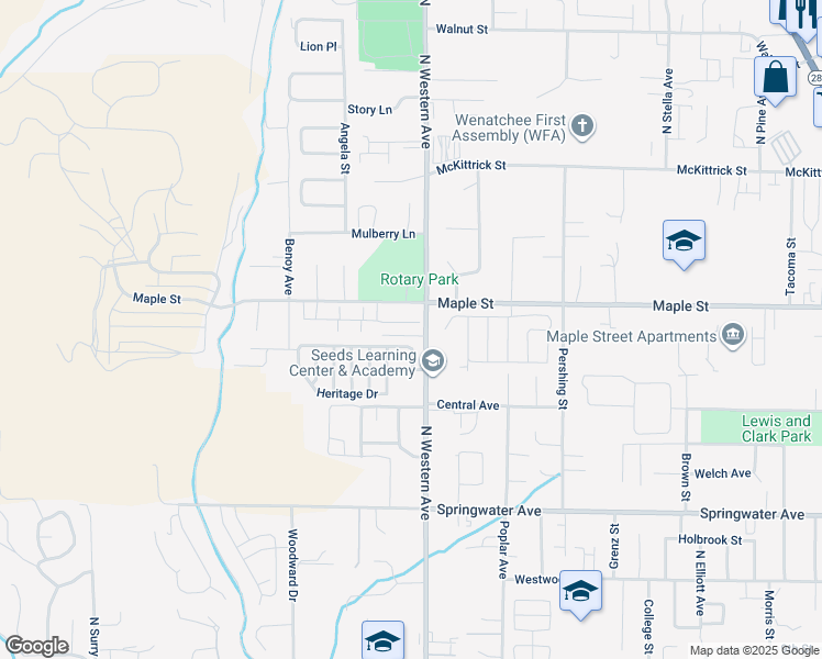 map of restaurants, bars, coffee shops, grocery stores, and more near 1310 North Western Avenue in Wenatchee