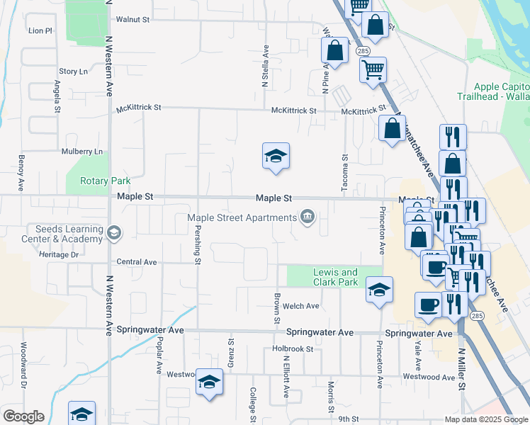map of restaurants, bars, coffee shops, grocery stores, and more near in Wenatchee