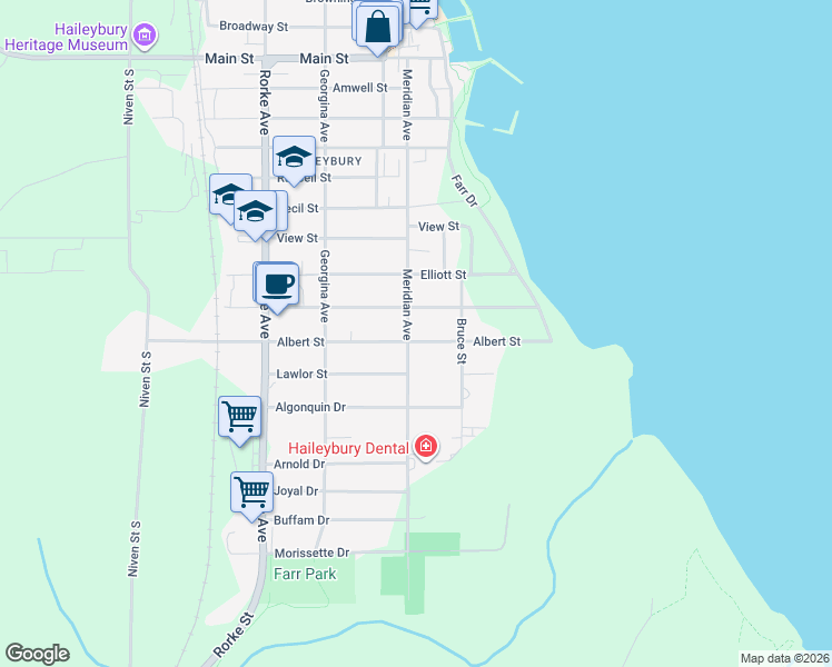 map of restaurants, bars, coffee shops, grocery stores, and more near 227 Meridian Avenue in Temiskaming Shores