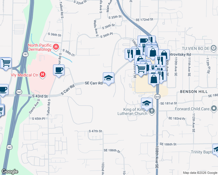 map of restaurants, bars, coffee shops, grocery stores, and more near 1111 South Carr Road in Renton