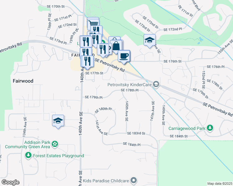 map of restaurants, bars, coffee shops, grocery stores, and more near 14257 Southeast 178th Place in Renton