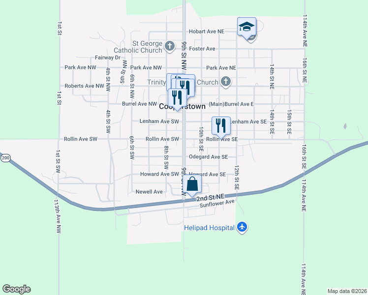 map of restaurants, bars, coffee shops, grocery stores, and more near 350 9th Street Southeast in Cooperstown