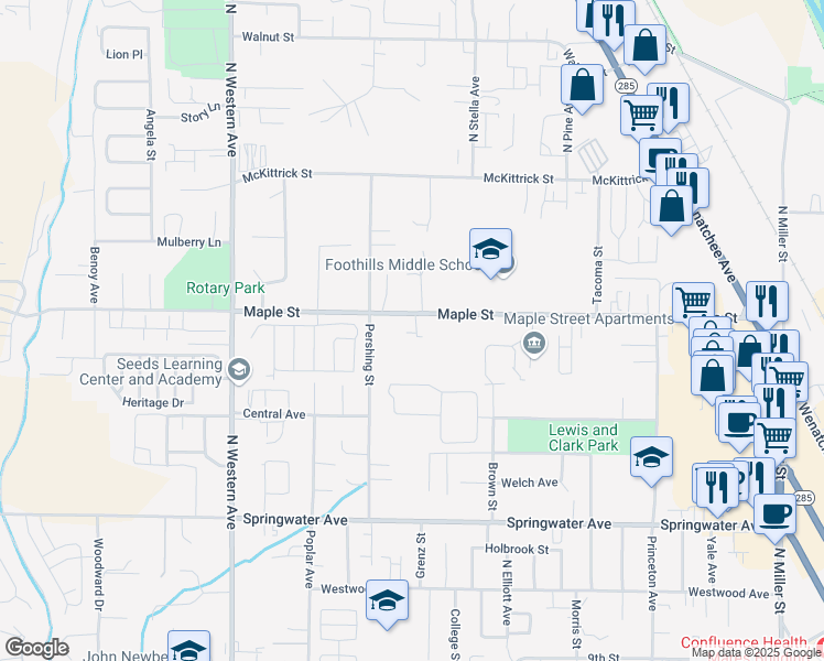 map of restaurants, bars, coffee shops, grocery stores, and more near 1517 Maple Street in Wenatchee