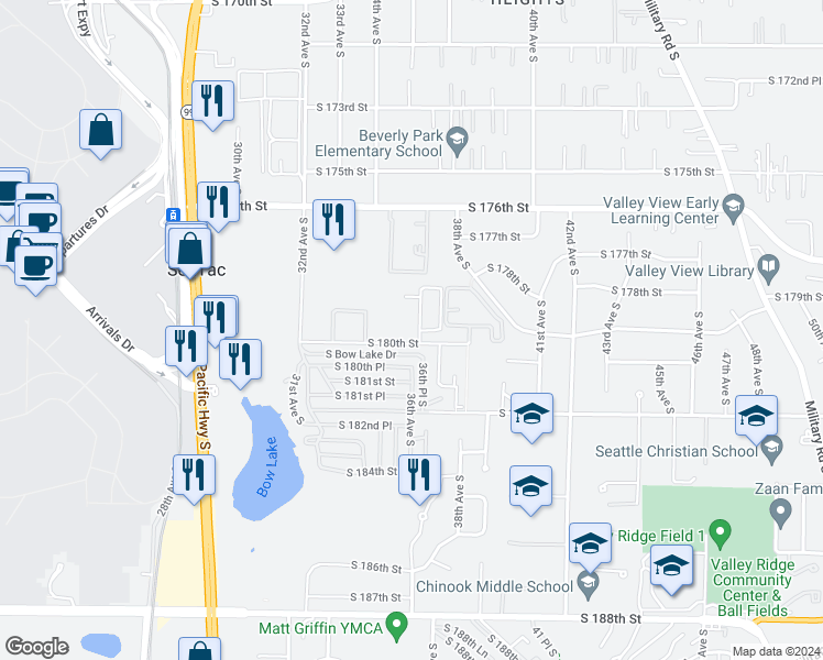 map of restaurants, bars, coffee shops, grocery stores, and more near 3602 South 180th Street in Seattle