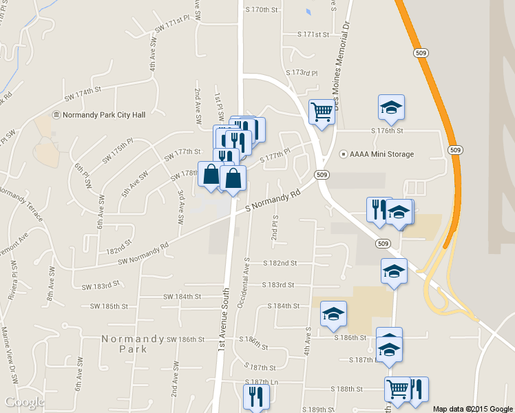 map of restaurants, bars, coffee shops, grocery stores, and more near 160 Southwest Normandy Road in Normandy Park
