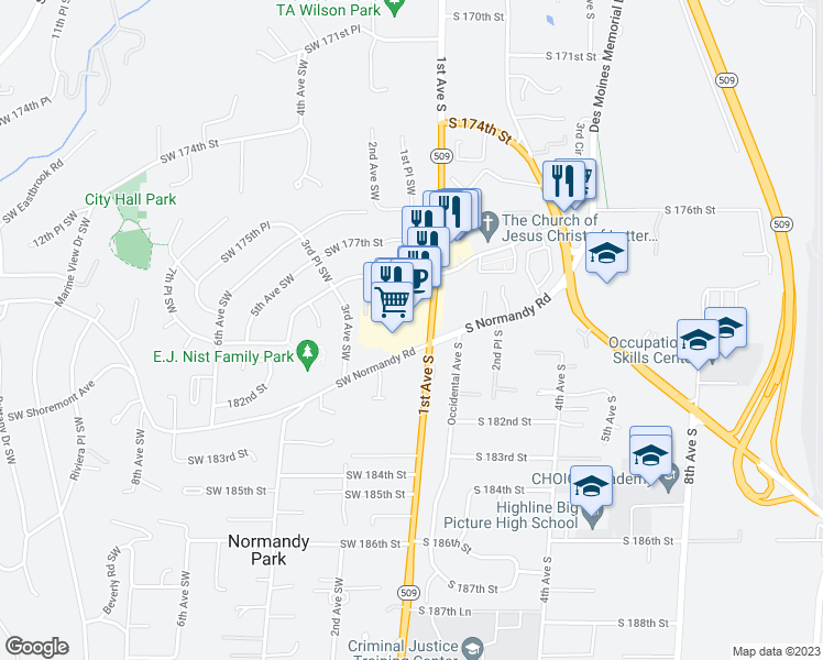 map of restaurants, bars, coffee shops, grocery stores, and more near 17837 1st Avenue South in Seattle
