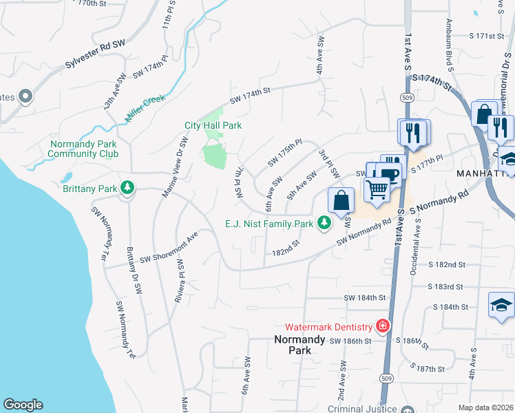 map of restaurants, bars, coffee shops, grocery stores, and more near 614 Southwest 179th Place in Normandy Park