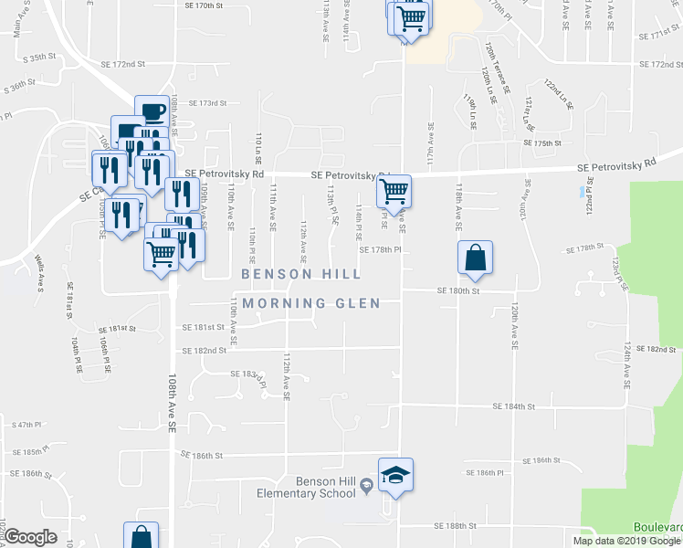 map of restaurants, bars, coffee shops, grocery stores, and more near 11328 Southeast 179th Street in Renton