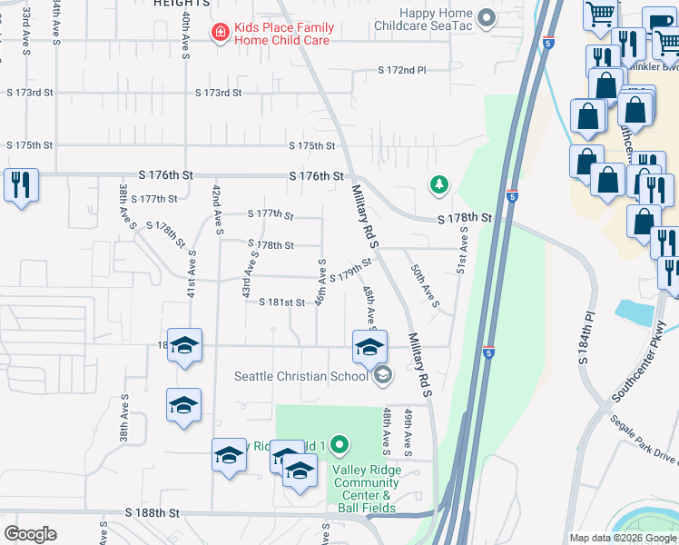 map of restaurants, bars, coffee shops, grocery stores, and more near 4704 South 179th Street in SeaTac