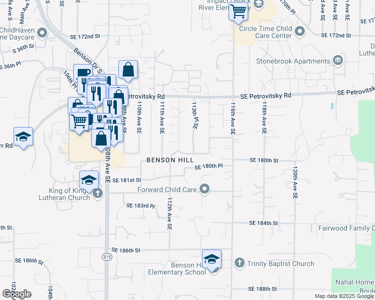 map of restaurants, bars, coffee shops, grocery stores, and more near 11304 Southeast 179th Street in Renton