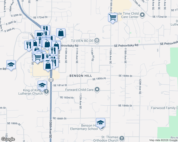 map of restaurants, bars, coffee shops, grocery stores, and more near 11304 Southeast 179th Street in Renton
