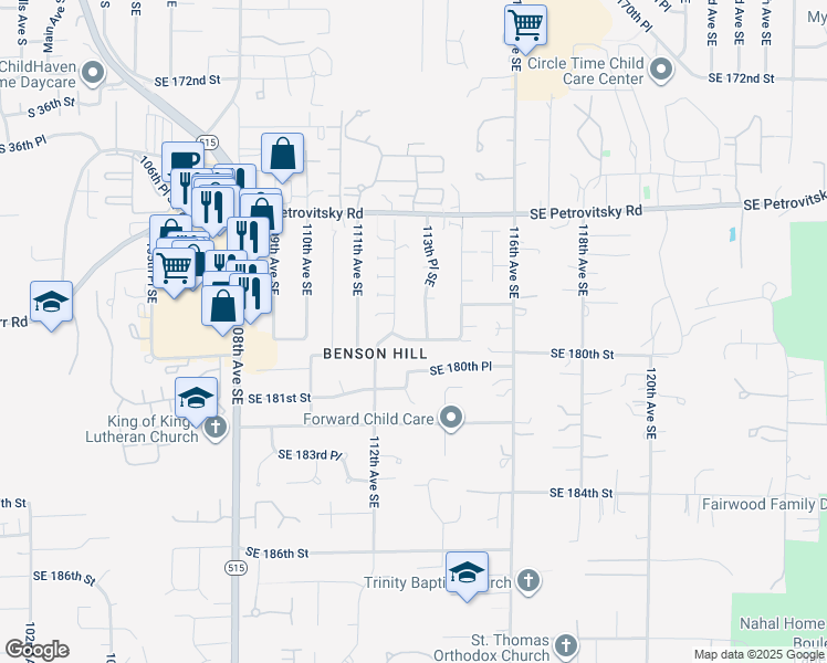 map of restaurants, bars, coffee shops, grocery stores, and more near 11304 Southeast 179th Street in Renton