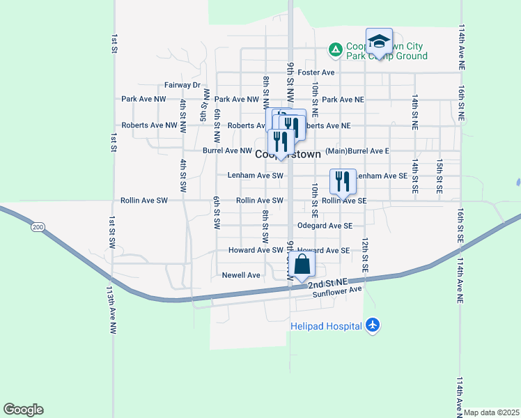 map of restaurants, bars, coffee shops, grocery stores, and more near 306 8th Street Southwest in Cooperstown