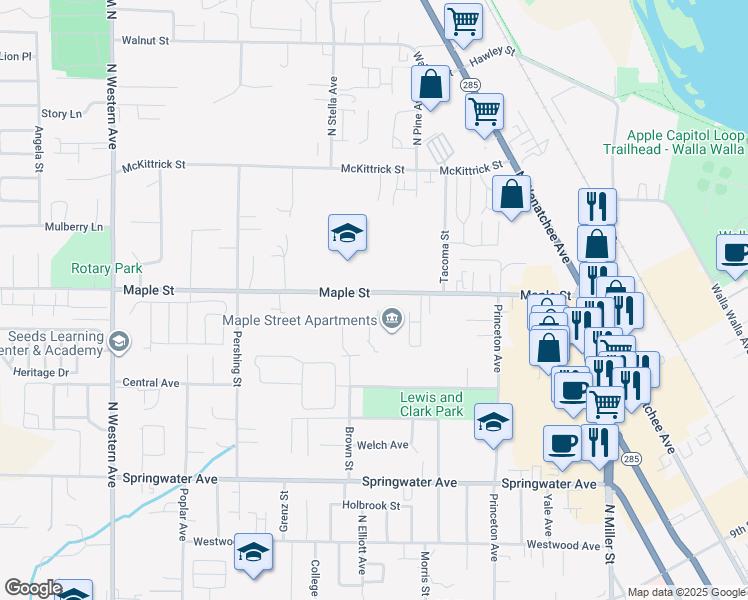 map of restaurants, bars, coffee shops, grocery stores, and more near 1325 Maple Street in Wenatchee