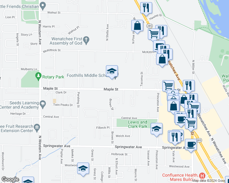 map of restaurants, bars, coffee shops, grocery stores, and more near 1403 Maple Street in Wenatchee