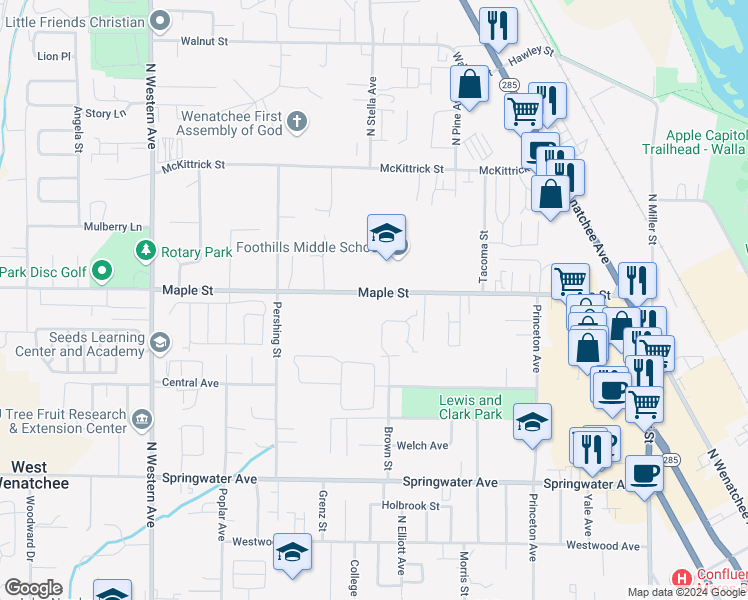 map of restaurants, bars, coffee shops, grocery stores, and more near 1403 Maple Street in Wenatchee