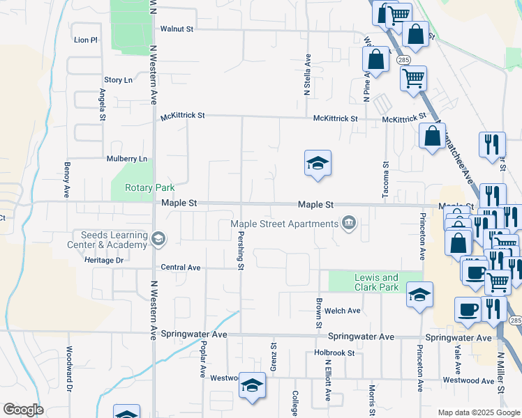 map of restaurants, bars, coffee shops, grocery stores, and more near 1529 Maple Street in Wenatchee