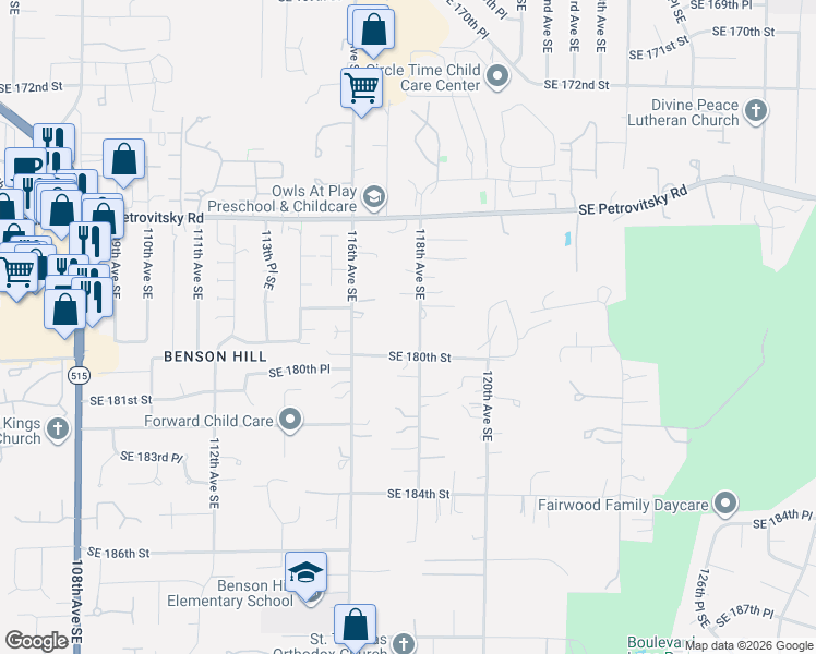map of restaurants, bars, coffee shops, grocery stores, and more near 17853 118th Avenue Southeast in Renton