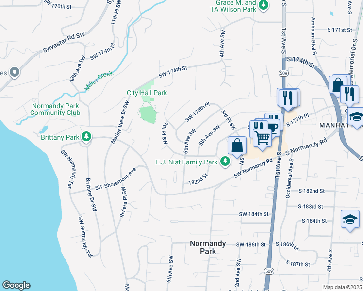 map of restaurants, bars, coffee shops, grocery stores, and more near 17869 6th Avenue Southwest in Normandy Park