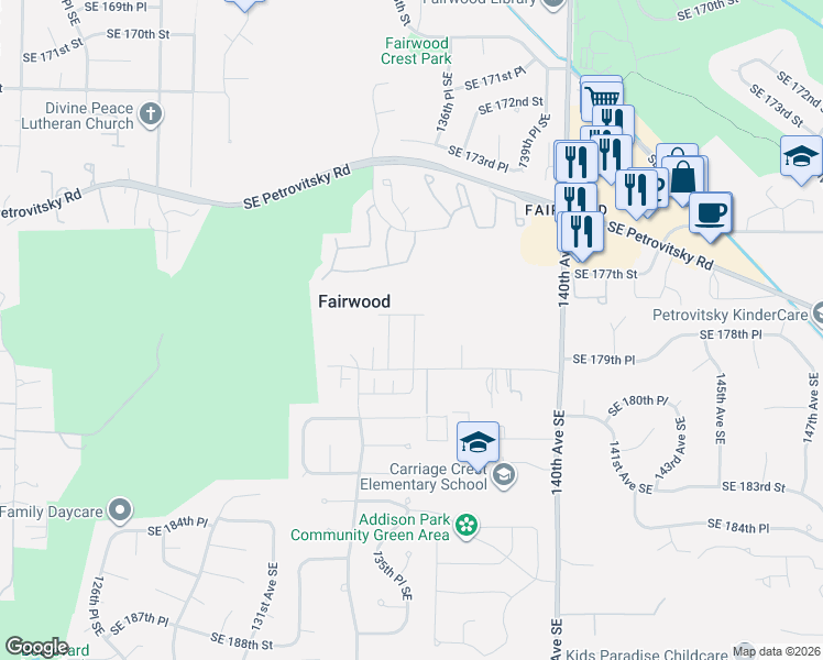 map of restaurants, bars, coffee shops, grocery stores, and more near 17861 135th Place Southeast in Renton
