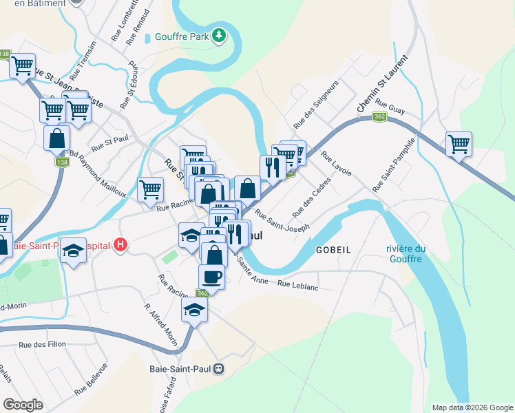 map of restaurants, bars, coffee shops, grocery stores, and more near 14 Rue Leclerc in Baie-Saint-Paul