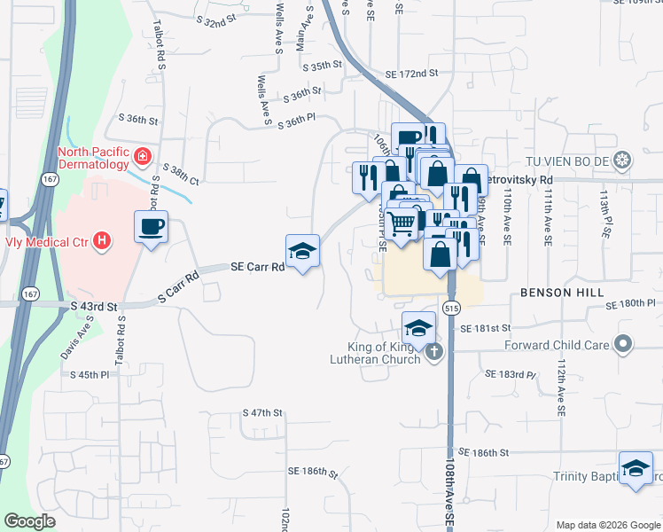 map of restaurants, bars, coffee shops, grocery stores, and more near 1111 South Carr Road in Renton