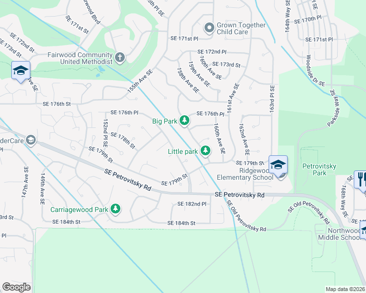 map of restaurants, bars, coffee shops, grocery stores, and more near 15712 Southeast 178th Court in Renton