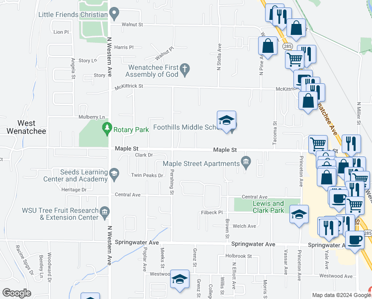 map of restaurants, bars, coffee shops, grocery stores, and more near 1529 Maple Street in Wenatchee