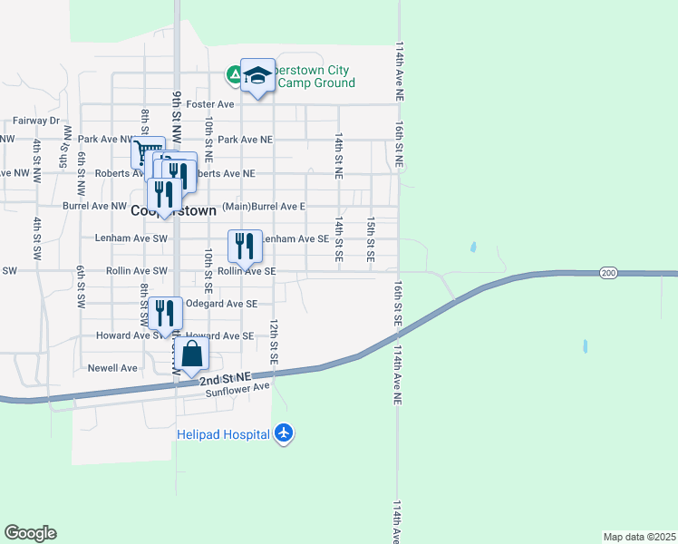 map of restaurants, bars, coffee shops, grocery stores, and more near Rollin Avenue Southeast in Cooperstown