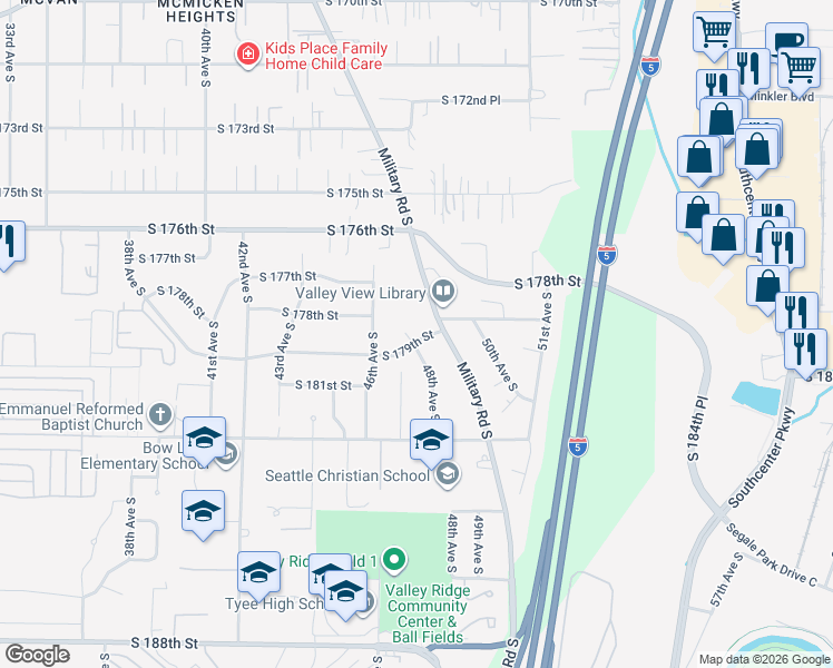 map of restaurants, bars, coffee shops, grocery stores, and more near 4704 South 179th Street in SeaTac