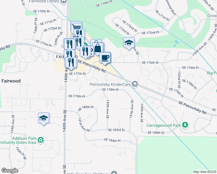 map of restaurants, bars, coffee shops, grocery stores, and more near 14516 Southeast 178th Place in Renton