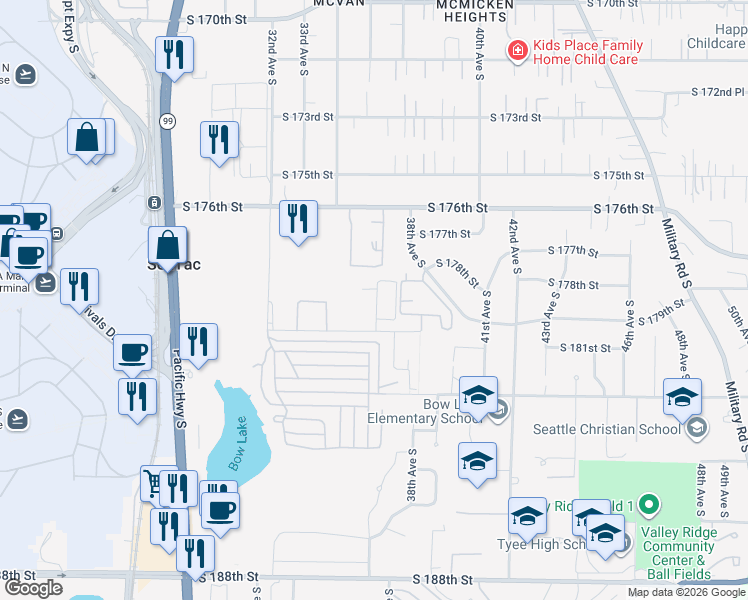 map of restaurants, bars, coffee shops, grocery stores, and more near 3602 South 180th Street in SeaTac