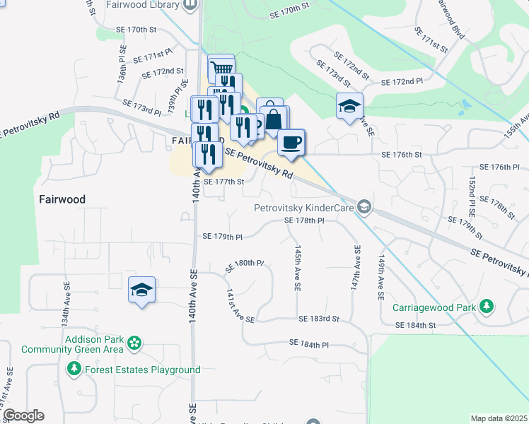 map of restaurants, bars, coffee shops, grocery stores, and more near 14257 Southeast 178th Place in Renton