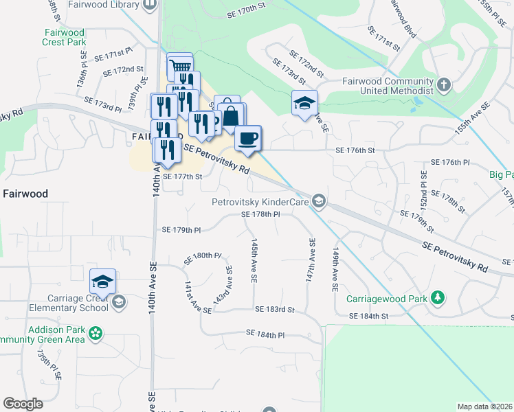 map of restaurants, bars, coffee shops, grocery stores, and more near 14516 Southeast 178th Place in Renton