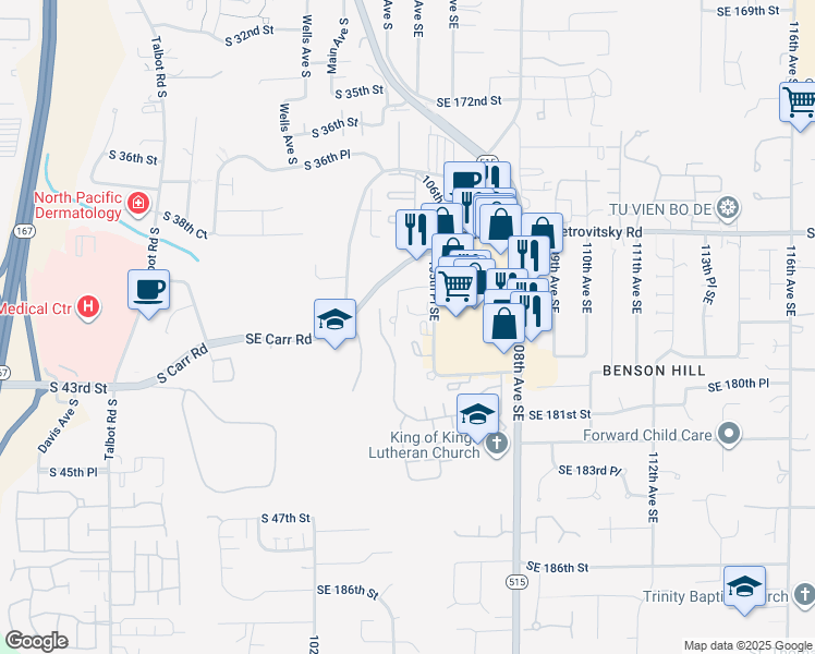 map of restaurants, bars, coffee shops, grocery stores, and more near 10043 Southeast Carr Road in Renton