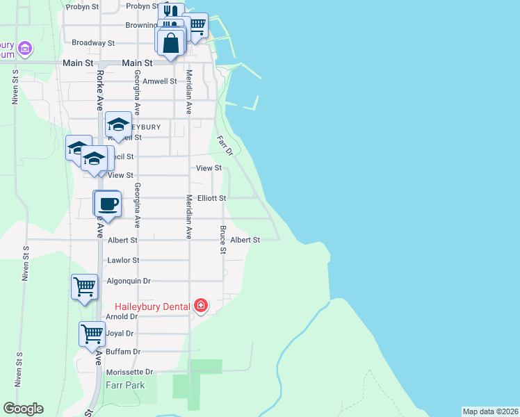 map of restaurants, bars, coffee shops, grocery stores, and more near 250 Farr Drive in Temiskaming Shores